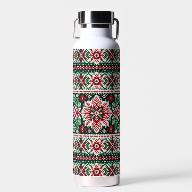 Christmas/Winter fair isle red & green Water Bottle (Front)