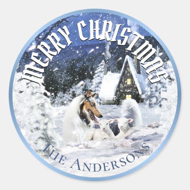 Christmas Winter Fairy Tale, Blue Merle Collie - Classic Round Sticker (Front)