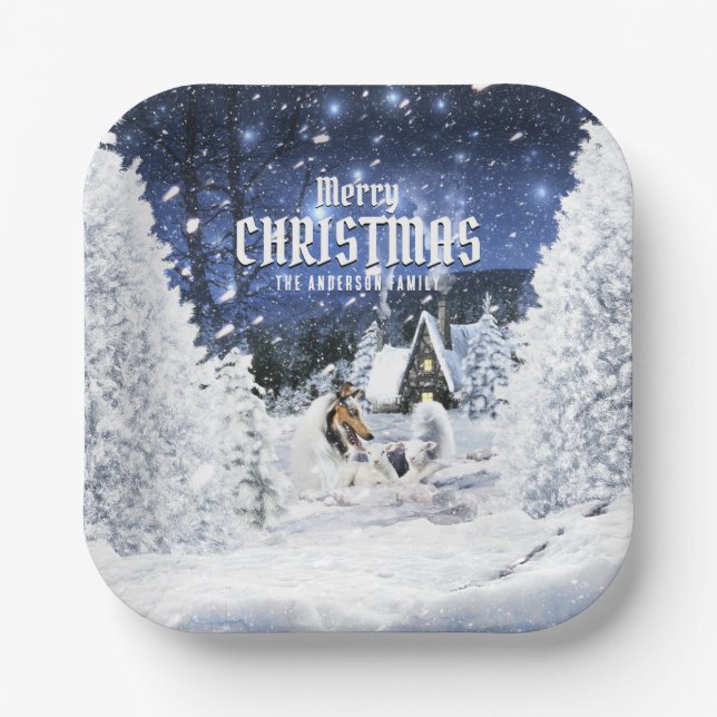 Christmas Winter Fairy Tale, Blue Merle Collie - Paper Plate (Front)