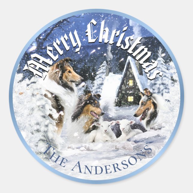 Christmas Winter Fairy Tale, Collies and Lambs - Classic Round Sticker (Front)