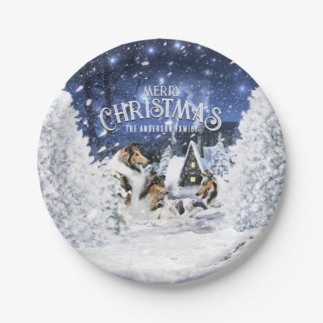 Christmas Winter Fairy Tale, Collies and Lambs - Paper Plate (Front)