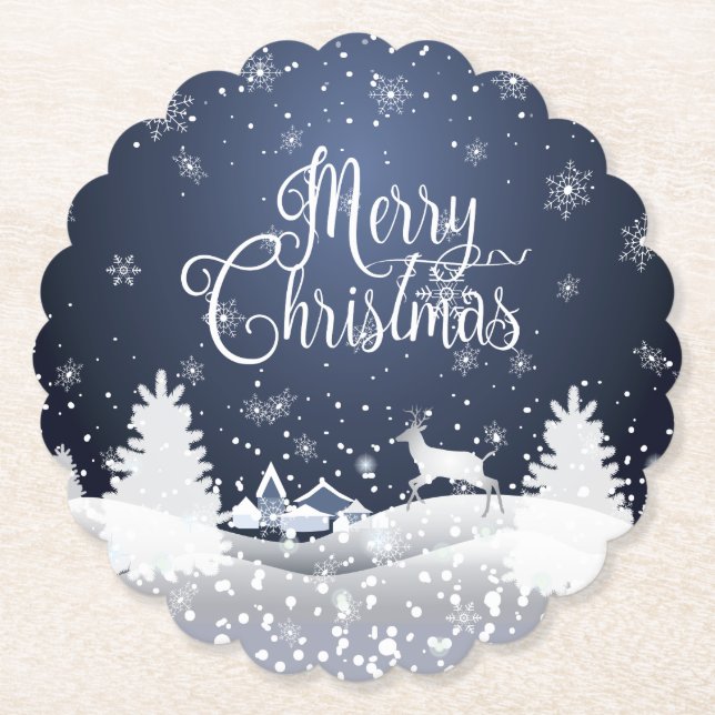 Christmas Winter Fairy Tale Fantasy Snowy Reindeer Paper Coaster (Front)