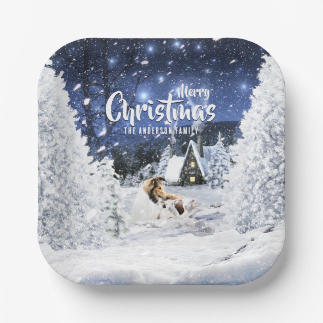 Christmas Winter Fairy Tale, Sable Collie Dog - Paper Plate (Front)