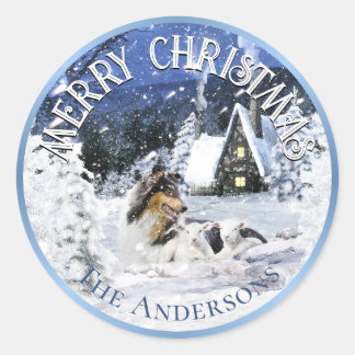 Christmas Winter Fairy Tale, Tricolor Collie Dog - Classic Round Sticker