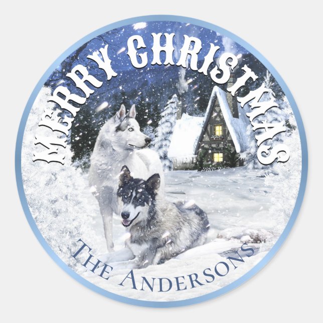 Christmas Winter Fairy Tale, Wolves in Snow - Classic Round Sticker (Front)