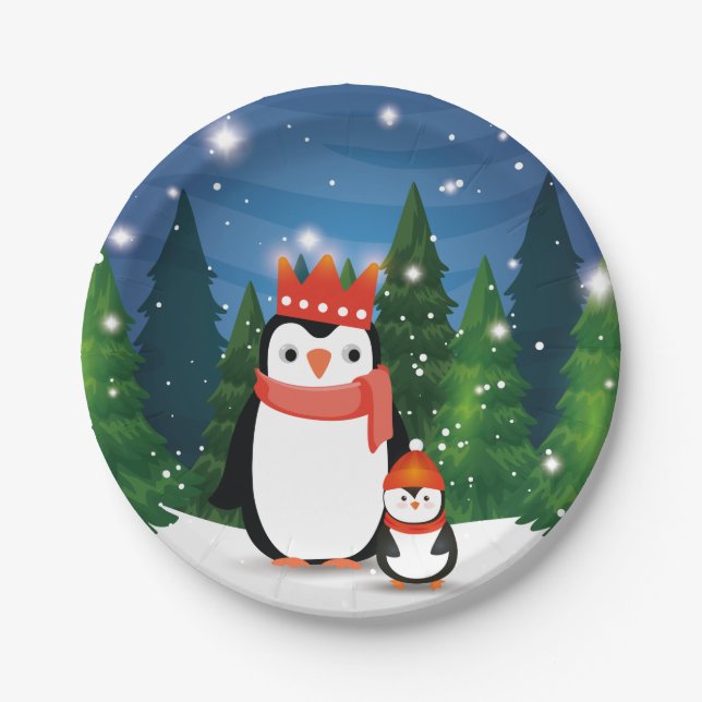 Christmas Winter Festive Family Penguin Party Paper Plate (Front)