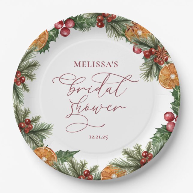 Christmas Winter Floral Bridal Shower Paper Plate (Front)