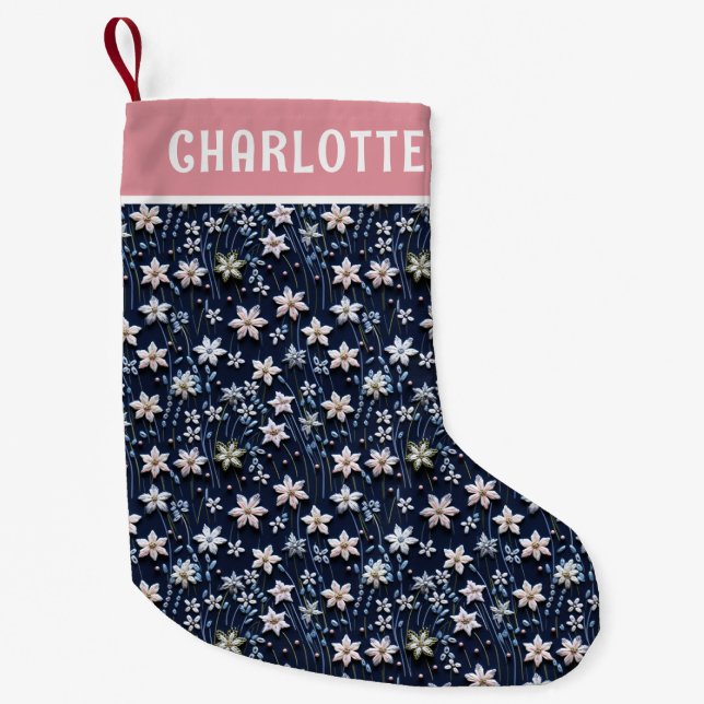 Christmas Winter Floral Embroidered Personalised Small Christmas Stocking (Front)