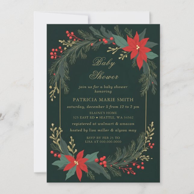 Christmas Winter Floral Green Gold Baby Shower Invitation (Front)