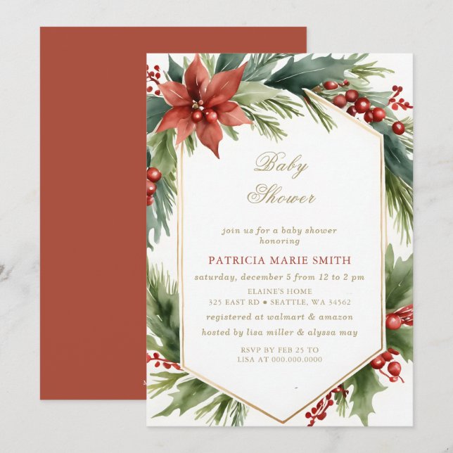 Christmas Winter Floral Green Gold Baby Shower Invitation (Front/Back)