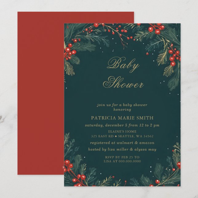 Christmas Winter Floral Green Gold Baby Shower Invitation (Front/Back)