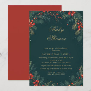 Christmas Winter Floral Green Gold Baby Shower Invitation