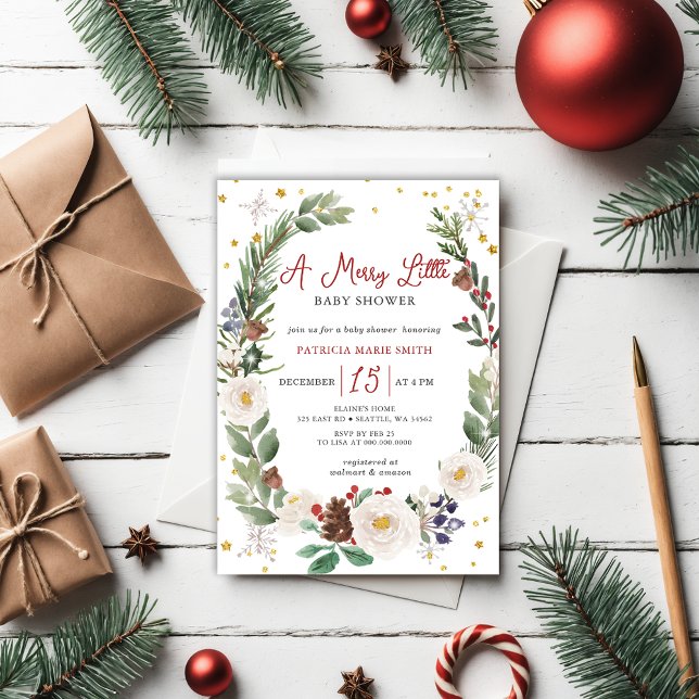 Christmas Winter Floral Merry Little Baby Shower Invitation (Christmas Winter Floral Merry Little Baby Shower Invitation)
