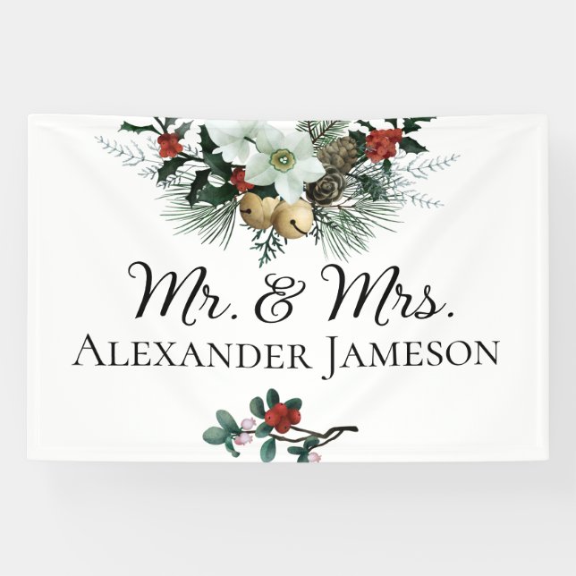Christmas Winter Floral Mr & Mrs Wedding Banner (Horizontal)