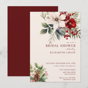 Christmas Winter Floral   Red Bridal Shower Invitation