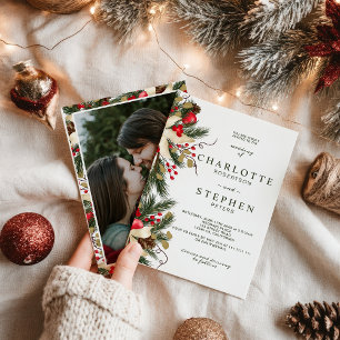 Christmas winter floral watercolor wedding photo invitation