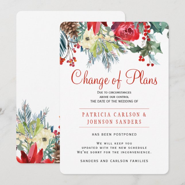 Christmas winter floral wedding change of plans invitation (Front/Back)