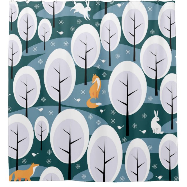Christmas Winter Forest: Animals Seamless Pattern Shower Curtain (Front)