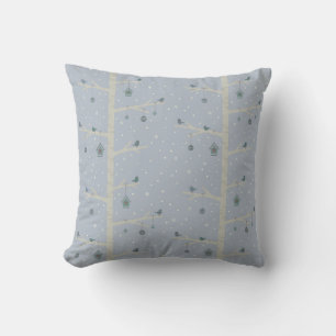 Christmas winter forest birds on tree branches cushion
