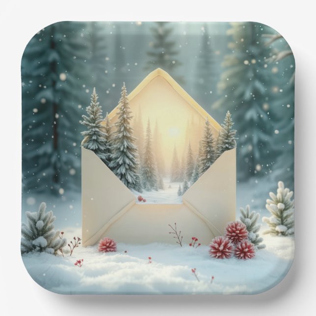 Christmas Winter Forest In Envelope Paper Plate (Front)