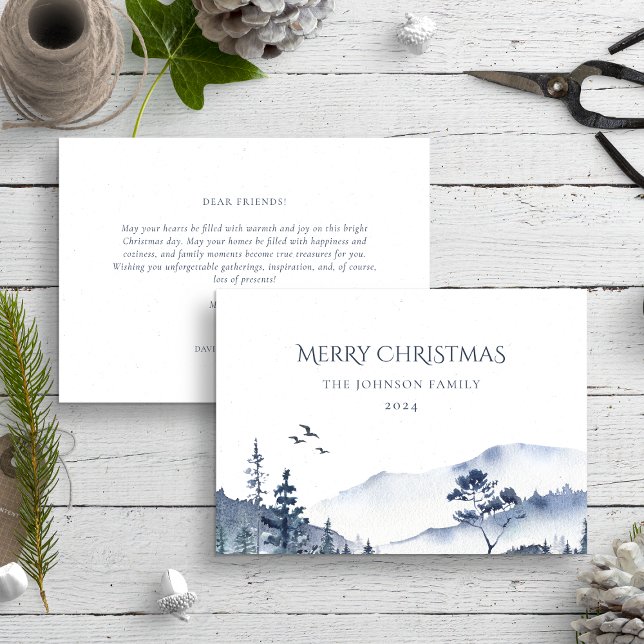 Christmas Winter Forest Landscape Blue White Holiday Card (Creator Uploaded)