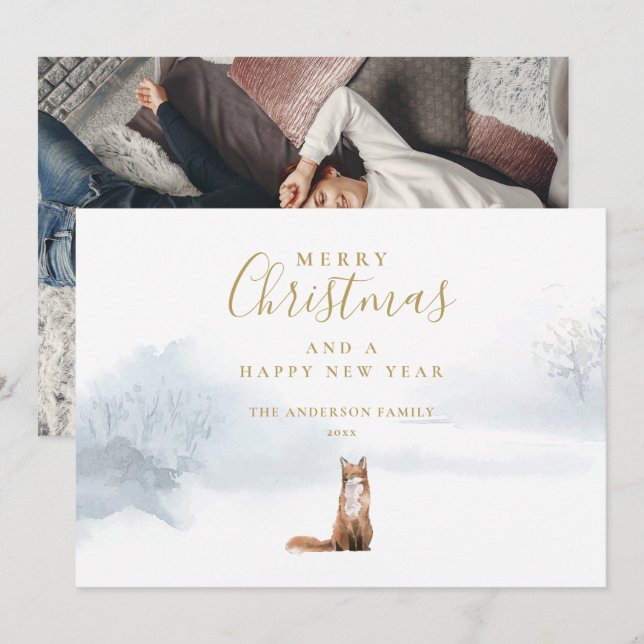 Christmas Winter Fox Elegant Gold Script Photo Holiday Card (Front/Back)