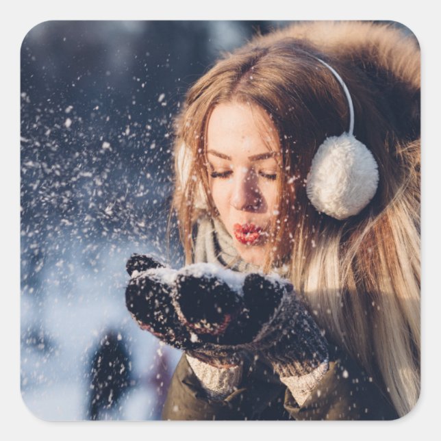 Christmas Winter Girl blowing snow in Her Hand Square Sticker (Front)