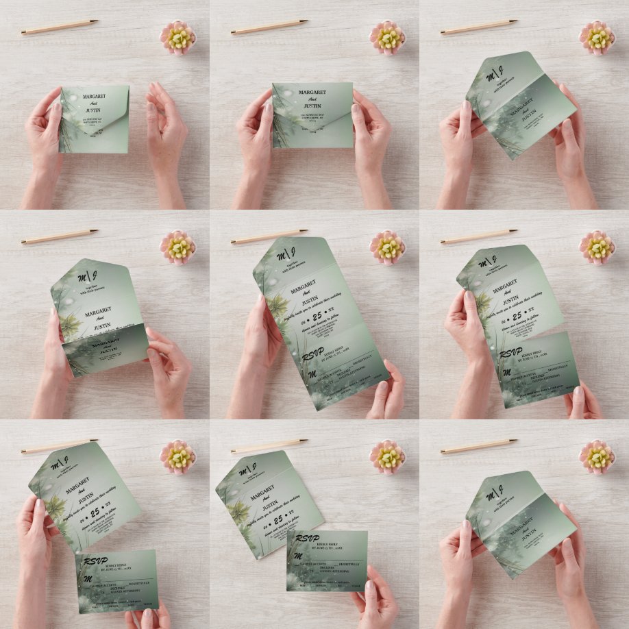 Christmas Winter Green Flower Vintage Wedding  All In One Invitation