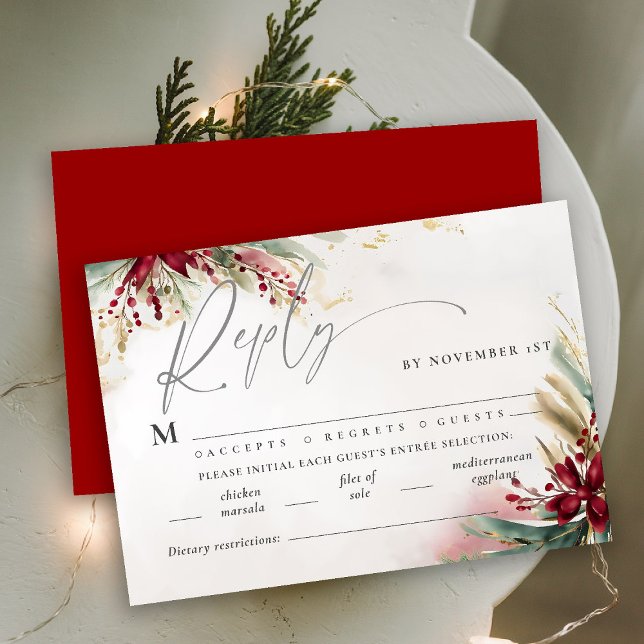Christmas Winter Green Red Bow Meal Wedding RSVP (winter wedding christmas bow greenery berries watercolor rsvp card meal choice elegant modern)