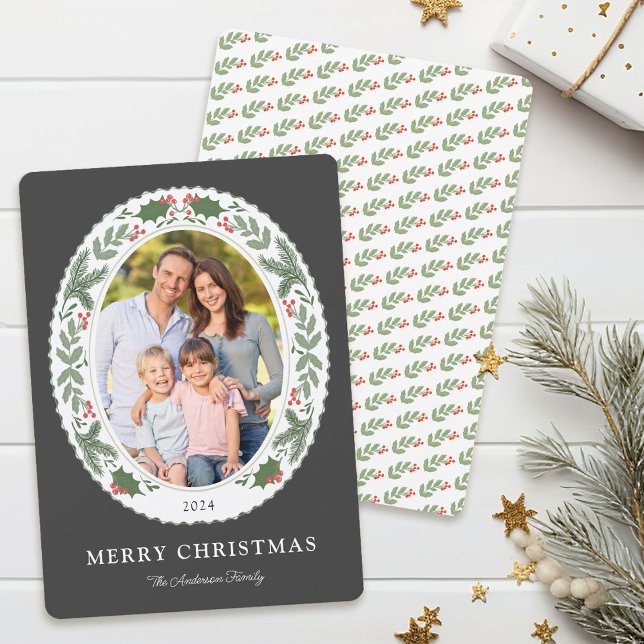 Christmas Winter Greenery Oval Photo Holiday Card (Creator Uploaded)