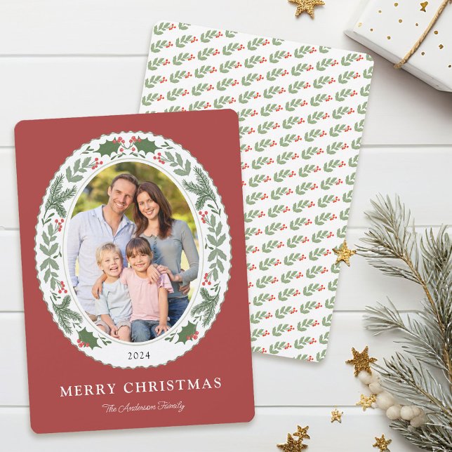Christmas Winter Greenery Oval Photo Holiday Card (Creator Uploaded)