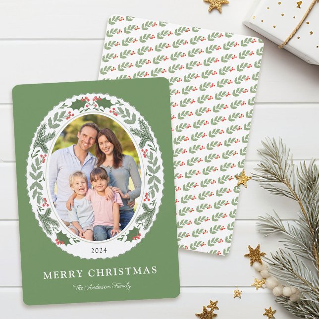 Christmas Winter Greenery Oval Photo Holiday Card (Creator Uploaded)