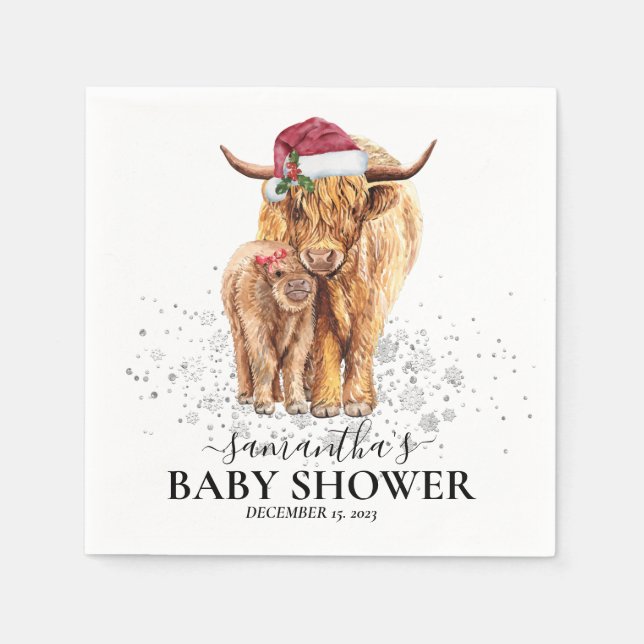 Christmas Winter Highland Cow Calf Baby Shower    Napkin (Front)
