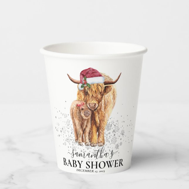 Christmas Winter Highland Cow Calf Baby Shower    Paper Cups (Front)