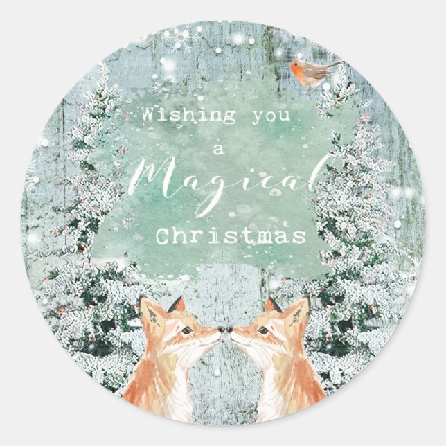 christmas winter holiday snow foxes woodland classic round sticker (Front)