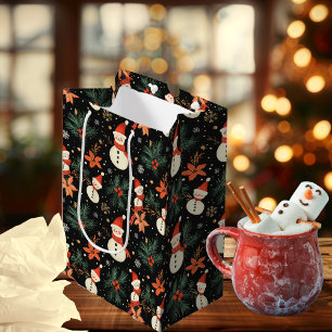 Christmas Winter Holiday Snowman Floral Pattern  Medium Gift Bag