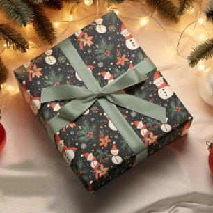 Christmas Winter Holiday Snowman Floral Pattern  Wrapping Paper