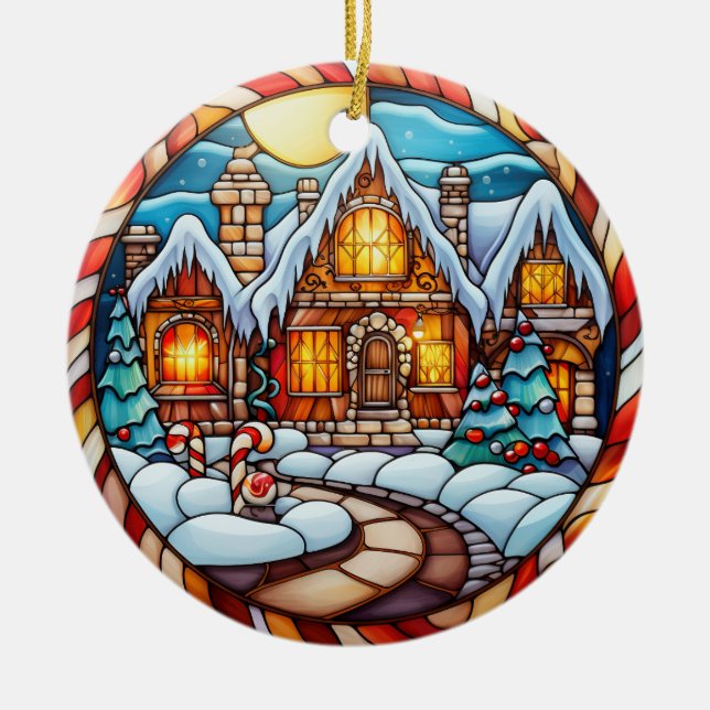 Christmas winter house  stained glass style ceramic tree decoration (Front)