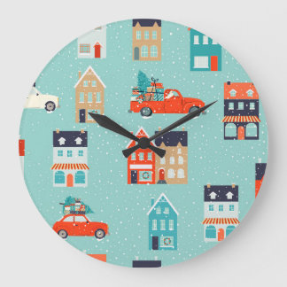 Christmas Winter Houses Red Car Large Clock