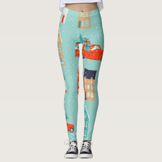 Christmas Winter Houses Red Car Leggings