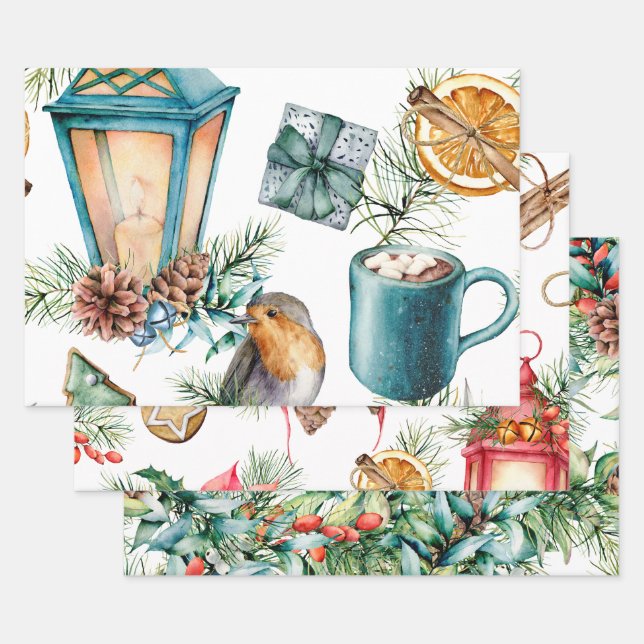Christmas Winter Lanterns Holly 3 Designs Wrapping Paper Sheet (Set)