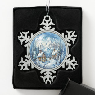 Christmas Winter Log Cabin Country Snowflake Pewter Christmas Ornament