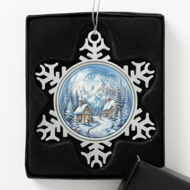 Christmas Winter Log Cabin Country Snowflake Pewter Christmas Ornament (Box)