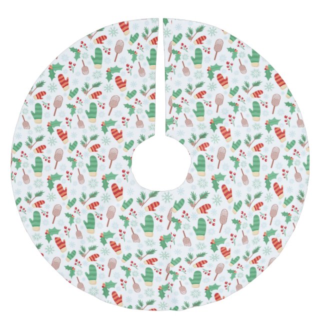 Christmas Winter Mittens & Holly Brushed Polyester Tree Skirt (Front)