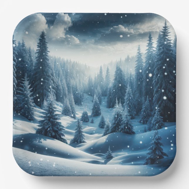 Christmas Winter Mountain Scene Paper Plate (Front)