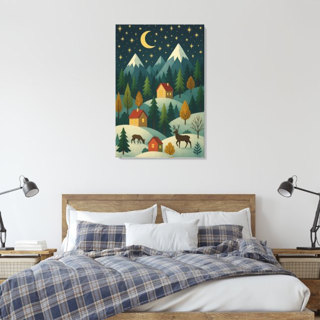 Christmas Winter Night Landscape | Cozy Mountain  Canvas Print (Insitu(Bedroom))