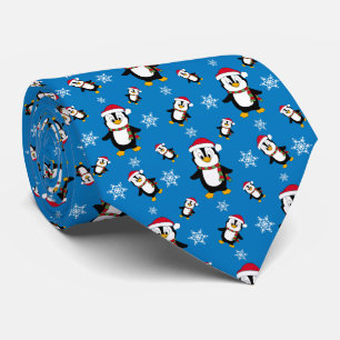 Christmas Winter Penguin on Custom Blue Background Tie
