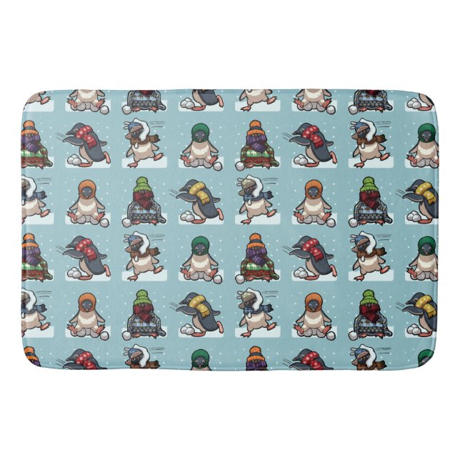 Christmas Winter Penguin Snowball Fight Cartoon Bath Mat (Front)