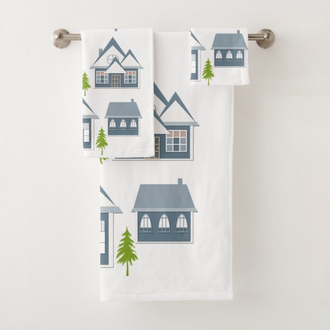 Christmas winter picture grey houses green trees w bath towel set (Insitu)