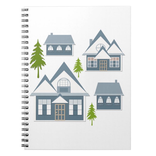 Christmas winter picture grey houses green trees w notebook (Front)